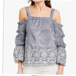 Gingham‎ Cold Shoulder Top Embroidered Floral Details & Ruffle Sleeves Blue L